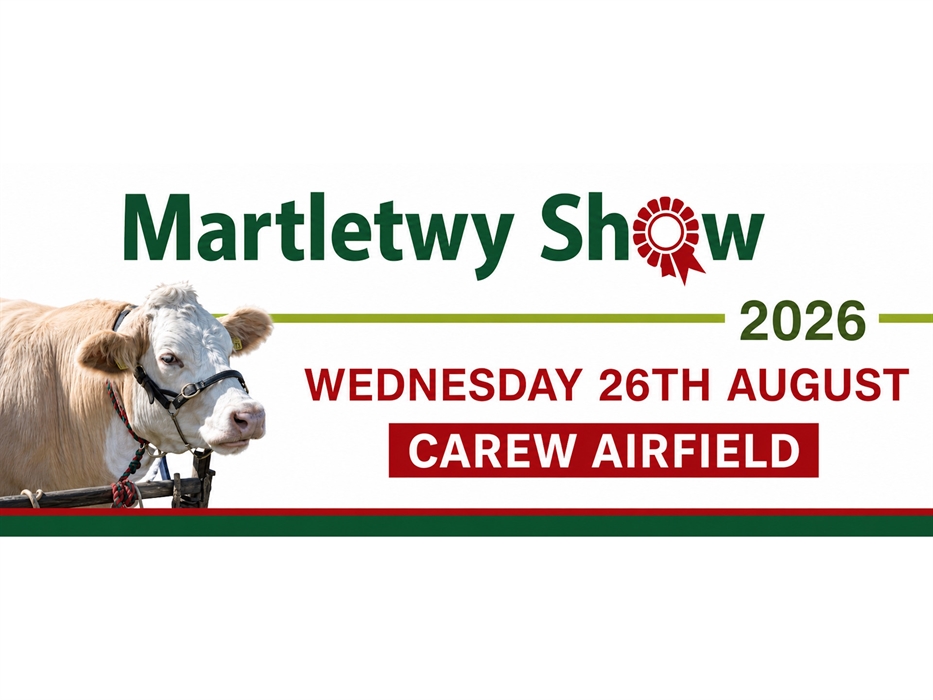 Martletwy Show 2026 promotional banner featuring a prize cow, with the text: "Martletwy Show 2026 – Wednesday 26th August – Carew Airfield."