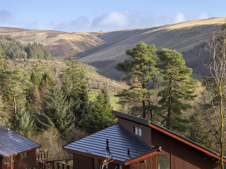 Valley views to the north, overlooking cabins at Garwnant.