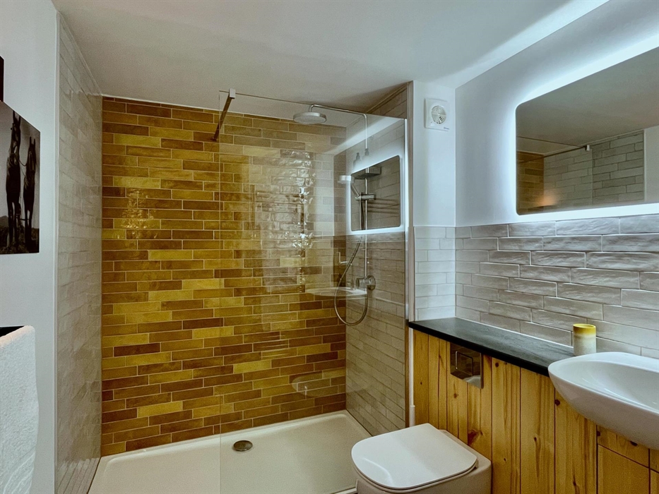 The shower room has a large walk-in deluge shower and glass screen