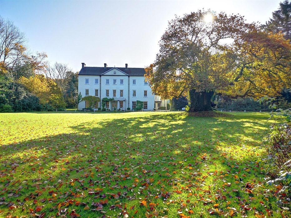 Plas Glansefin on a beautiful autumn day, with blue skies and colourful leaves sprinkled on the front lawn. The mighty 900 year old oak tree stands in