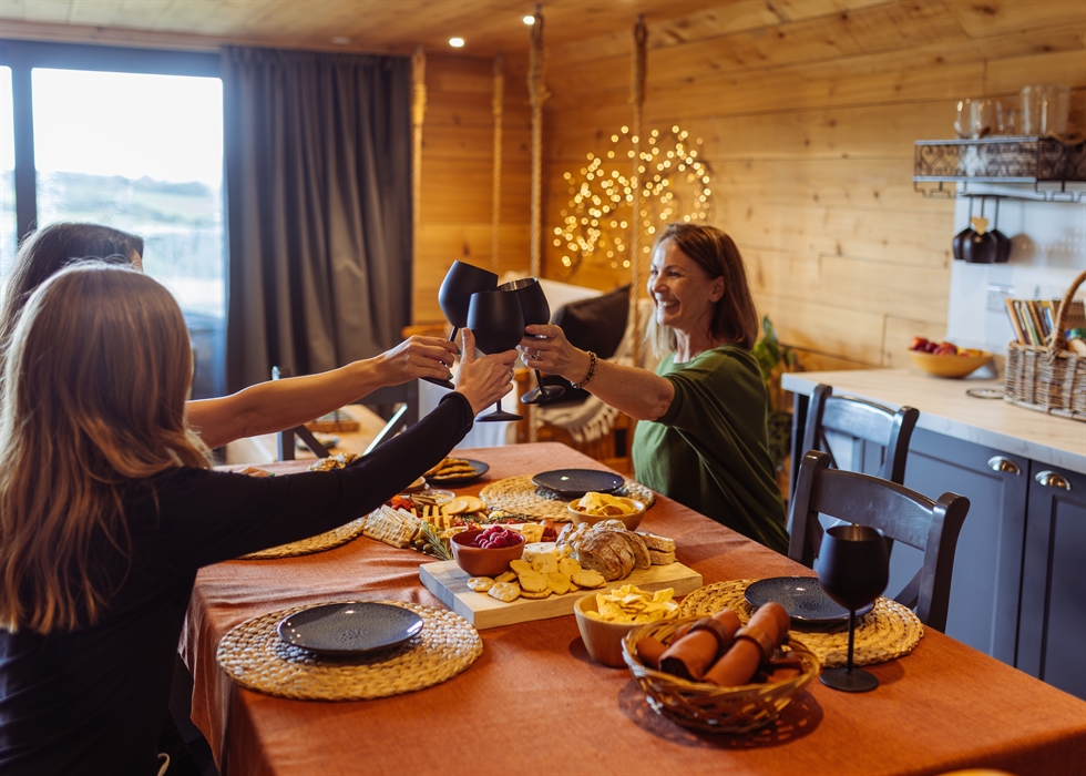 Rhiw Wood Treehouses. Open Kitchen and dining area.