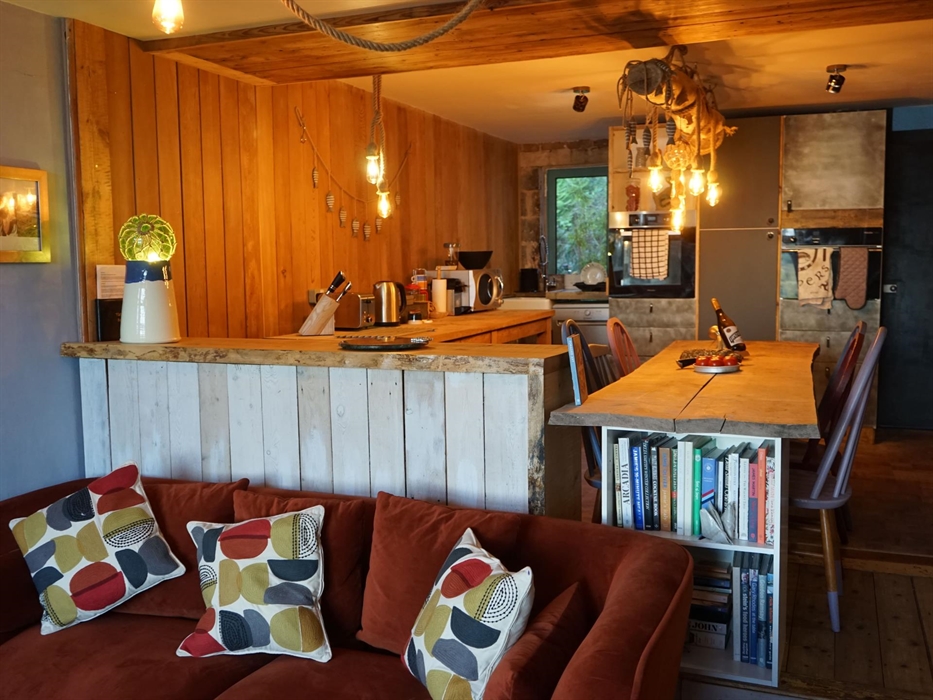 Looking from the living room to the kitchen