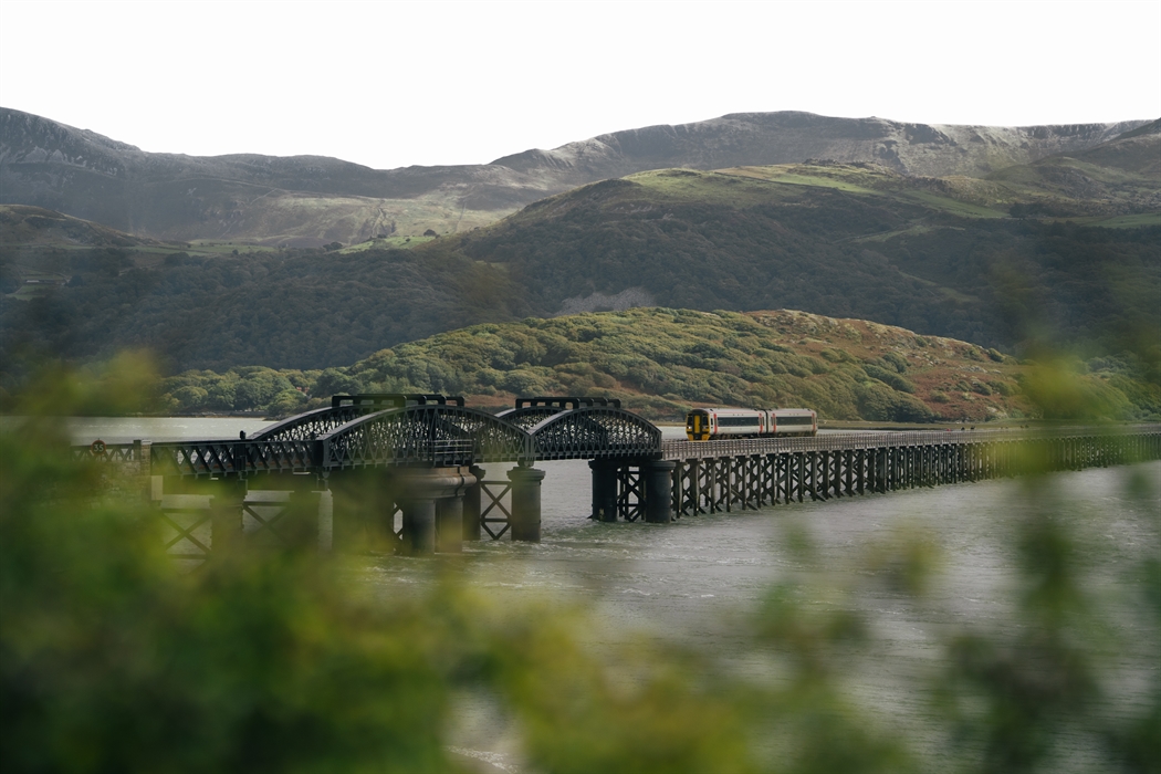 A train on a bridge passing over an estuary