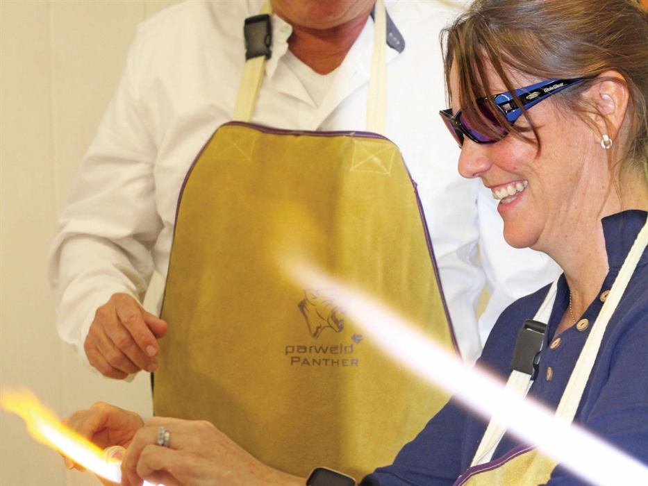 Having fun at the glassblowing experience