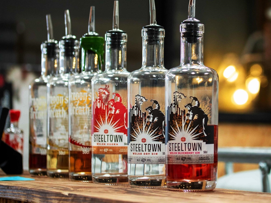 Steeltown and Dragon's Breath Gins, Vodkas, and Rums at Spirit of Wales distillery.