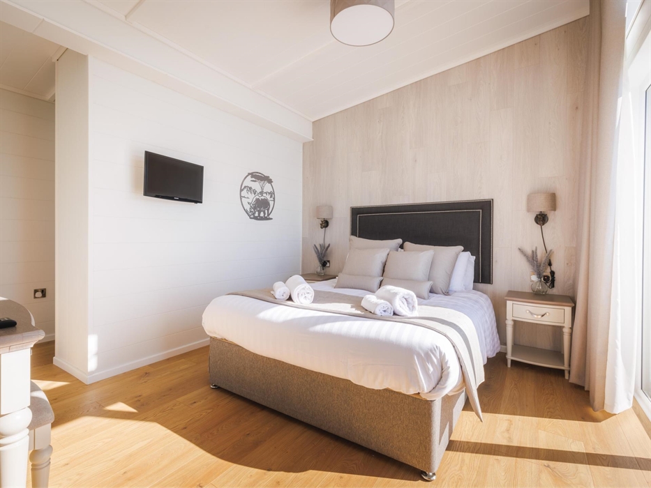 Master room king size bed with rhino bedside lamps, flat screen tv and rhino wall art.