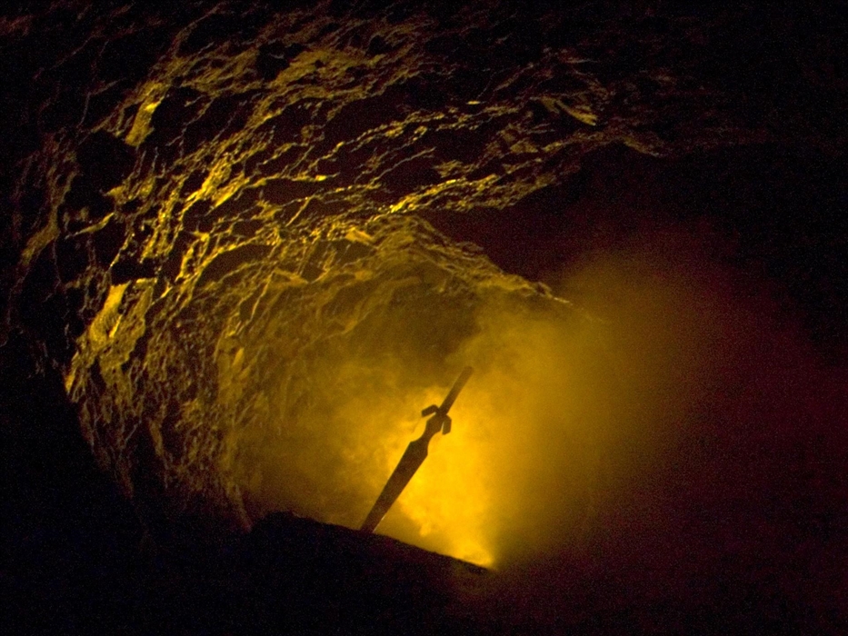 The sword in the stone at King Arthur's Labyrinth in Mid Wales.