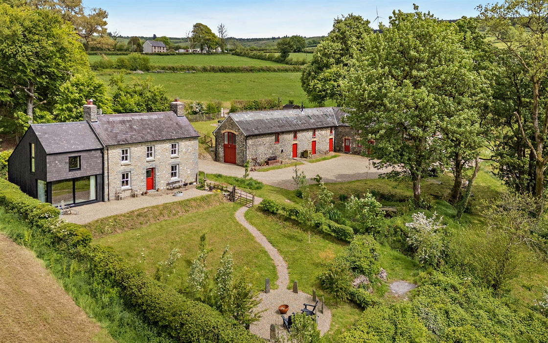 A general birds eye view of the former farm new Pencader, in Carmarthenshire, now Cambrian Cottages.