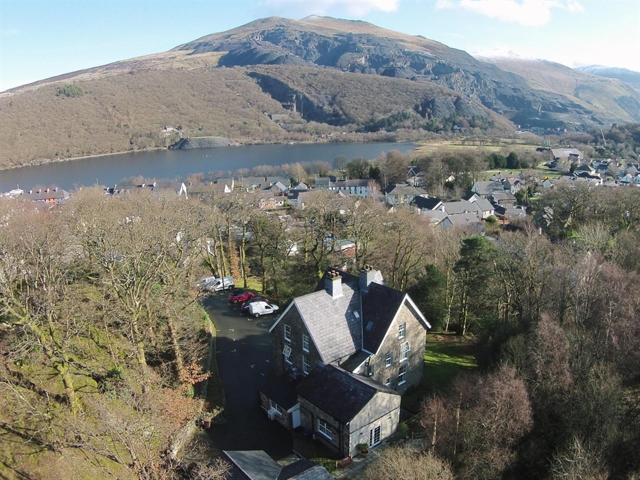 Arial view of Bryn Du Mountain Centre. Accommodation for residential activity courses in Llanberis. Self Catering large Victorian house