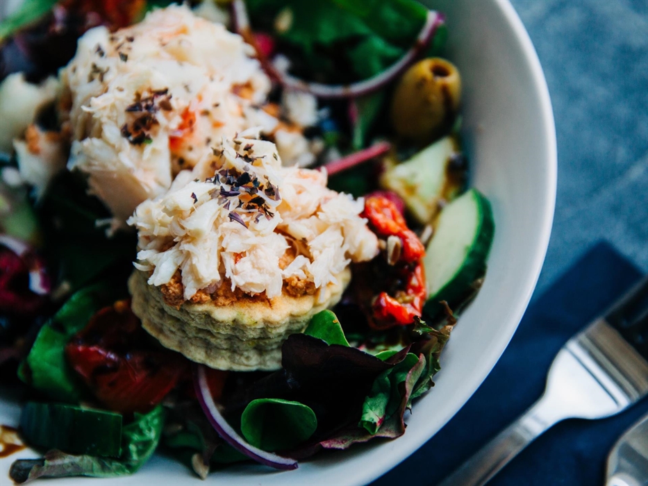 Fresh crab salad on a savoury welsh cake at MamGu Welshcakes St Davids Cafe, St Davids Cathedral, Pembrokeshire