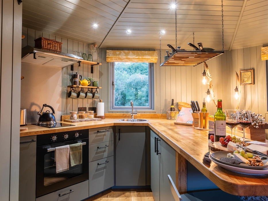 The Cabin at Erwain Escapes has a fully fitted open plan kitchen - Luxury Glamping Cabin Carmarthenshire, West Wales
