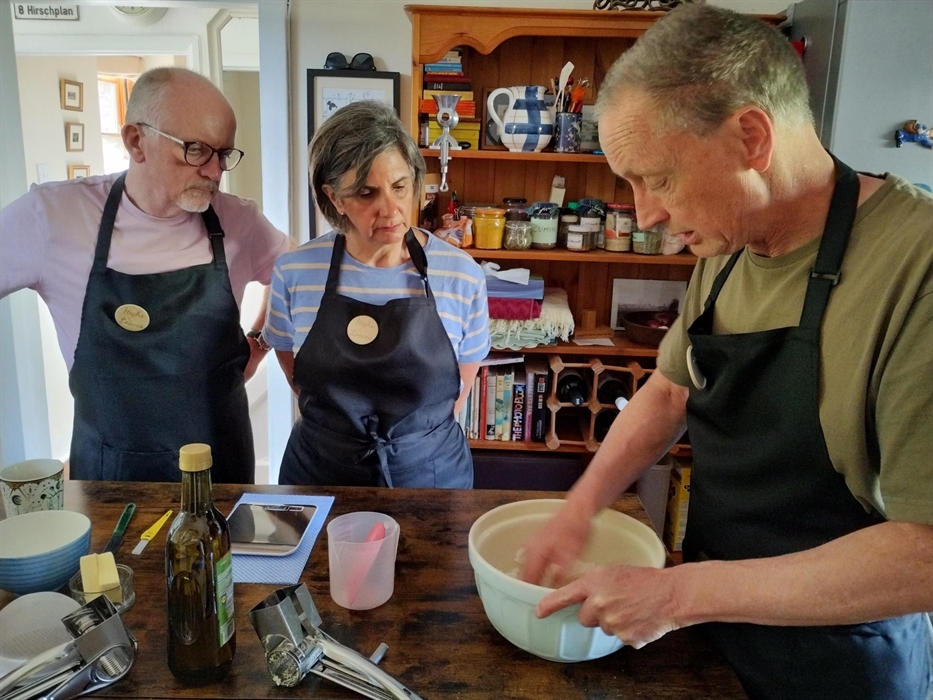 Class participants practice breadmaking techniques led by Highs & Loaves founder Warren Carr, who leads all the classes. With a maximum of four people