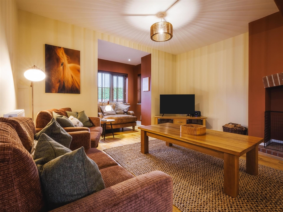 Large living room with sofas, cuddle chair, coffee table, flat screen smart TV and horse-themed soft furnishings.