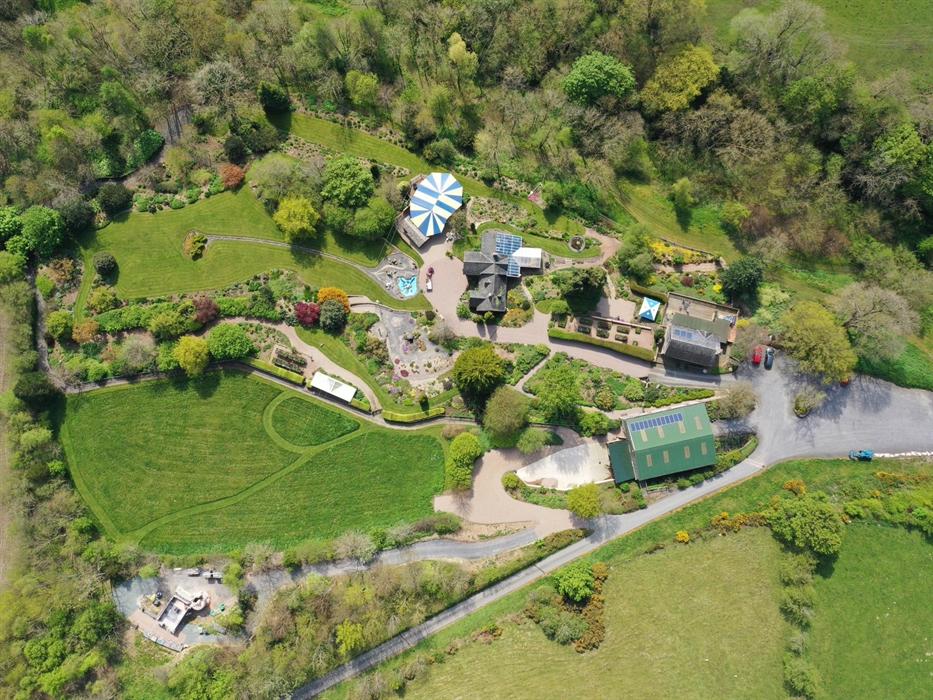 The blue and yellow awning structure is the Cafe Pavilion