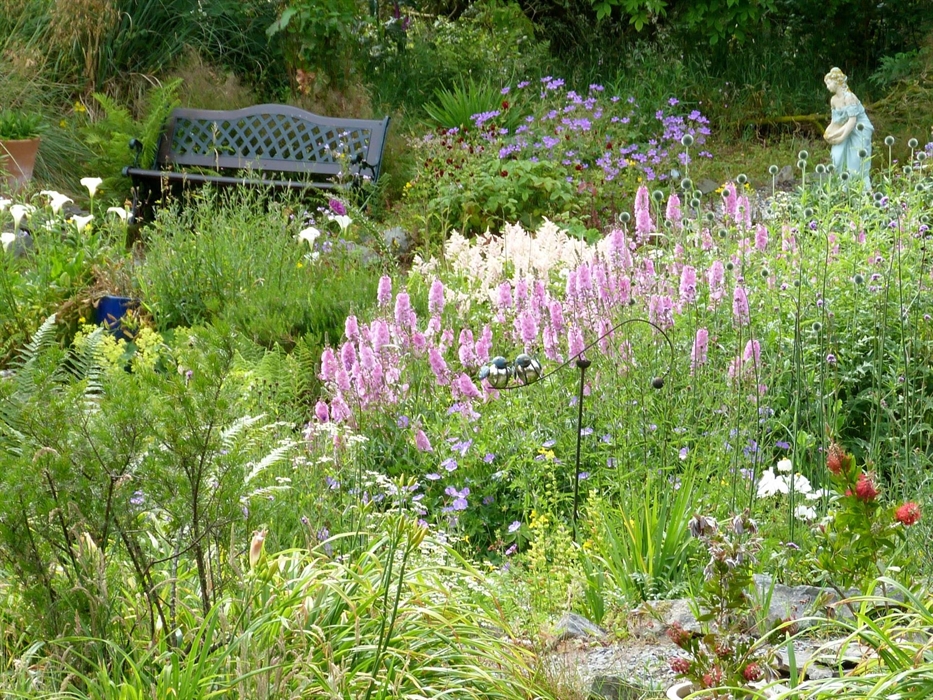 Lush pink and white planting with bench and statue