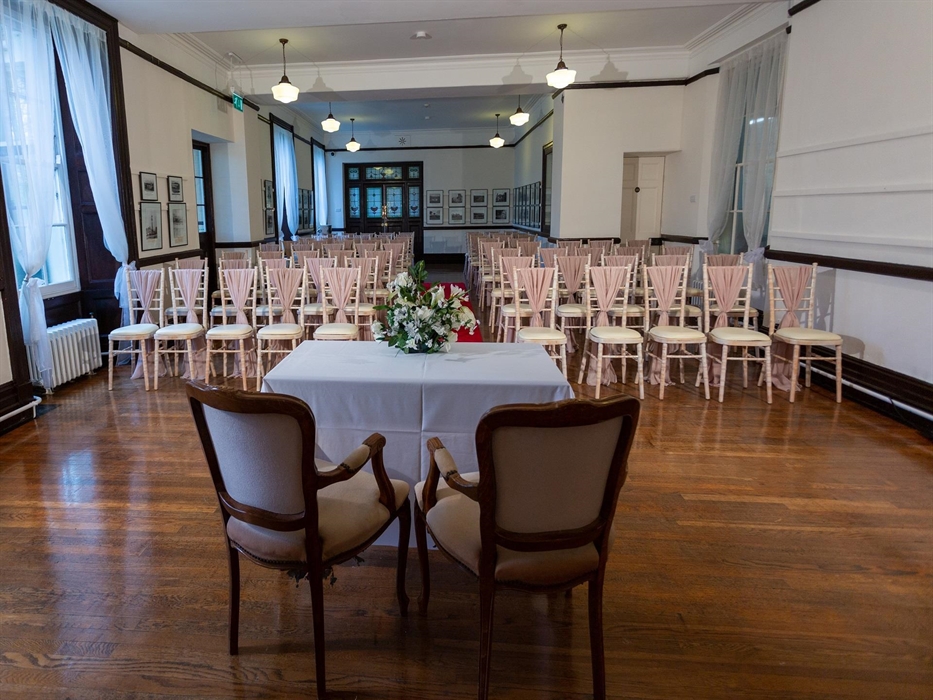 The Assembly Room set up for a wedding ceremony.