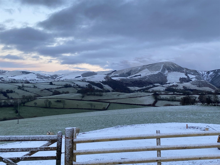 A patchwork photo of green fields and snow covered fields, with mountains in the background.