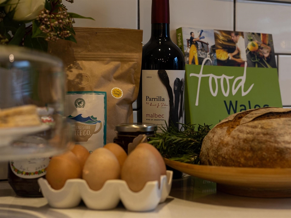 free range eggs, home bake cake and jam, local coffee, milk etc to welcome you to Pembrokeshire