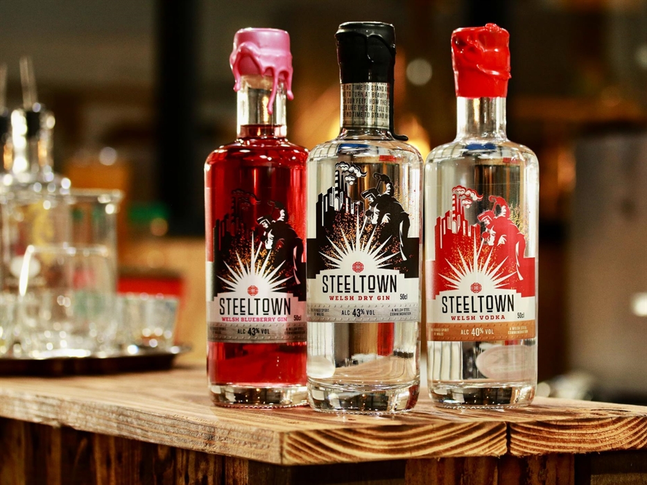 Steeltown Commemorative Welsh Gins and Vodka on the bar at Spirit of Wales distillery