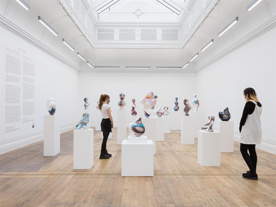 Image of visitors in the gallery looking at Nick Hornby' exhibition, Zygotes and Confessions at MOSTYN.