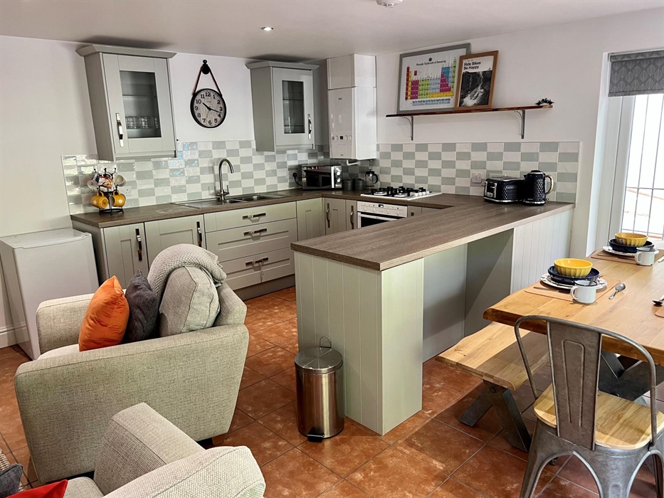 Large kitchen and seating area