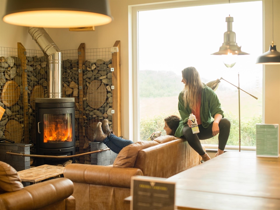 Wood burning stove in the eco lodge lounge