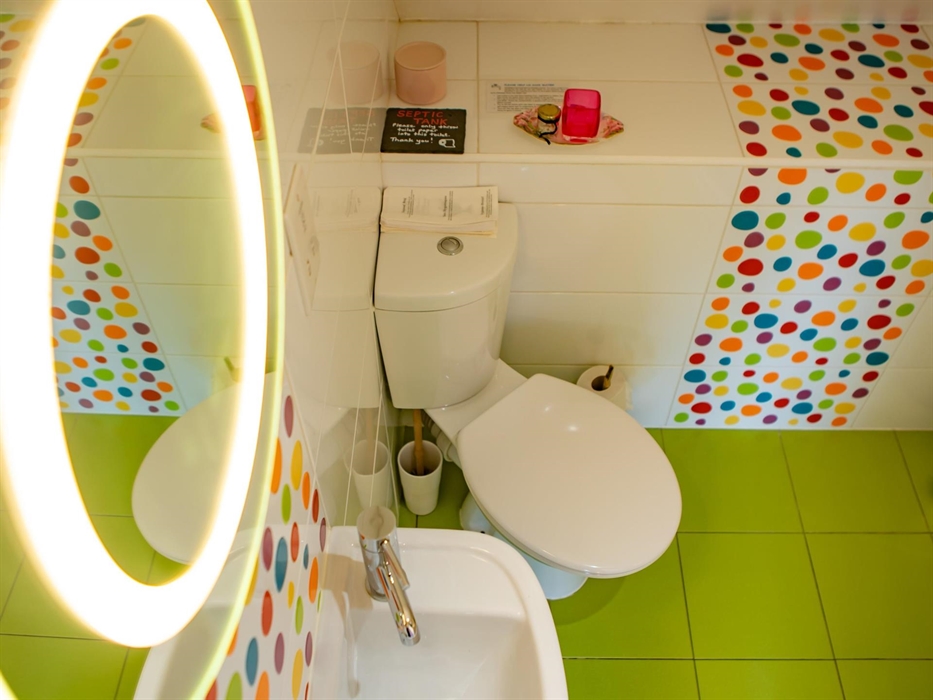 Hen Ffermdy cottage en-suite shower room with green and spotty coloured tiles