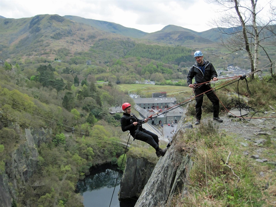 Abseiling, slate quarry, Llanberis, Snowdon mountain views