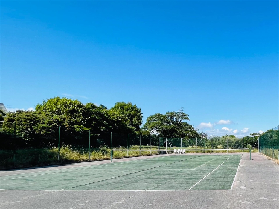 Tennis Court at Ysgubor Degwm self catering holiday let in North Wales. Hard surface tennis court painted green with blue sky