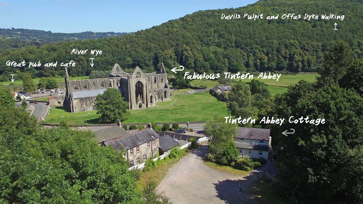 Abbey Cottage aerial view of location with titles