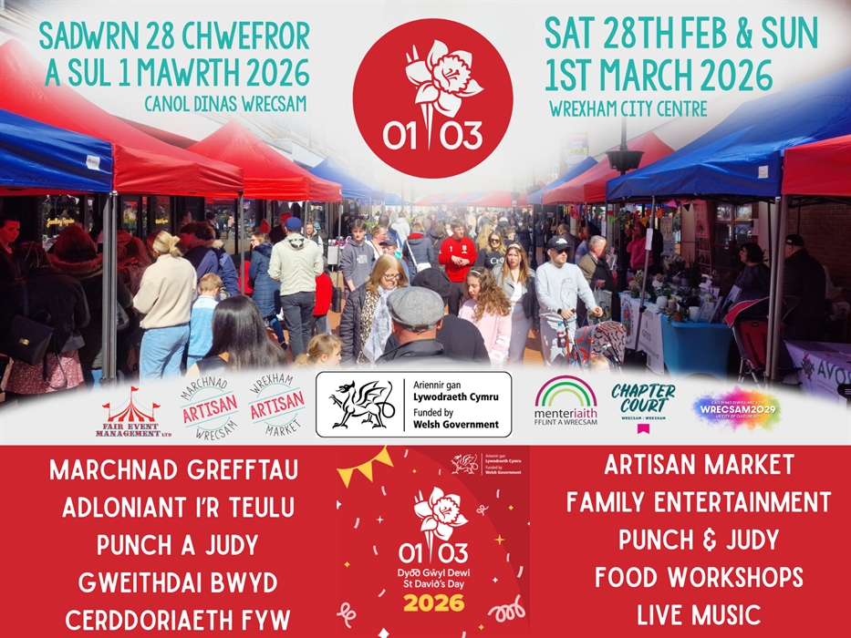 Event Poster St Davids Day in Wrecsam depicting Gazebos in Red and blue with large groups of people shopping from aritsan stalls