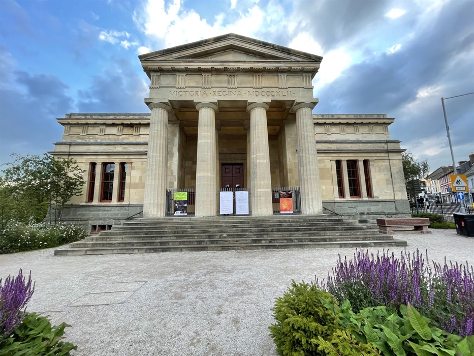 View of the grade II* Portico, the formal entrance to the Shire Hall. Entrance currently through the Gardens due to Covid restrictions