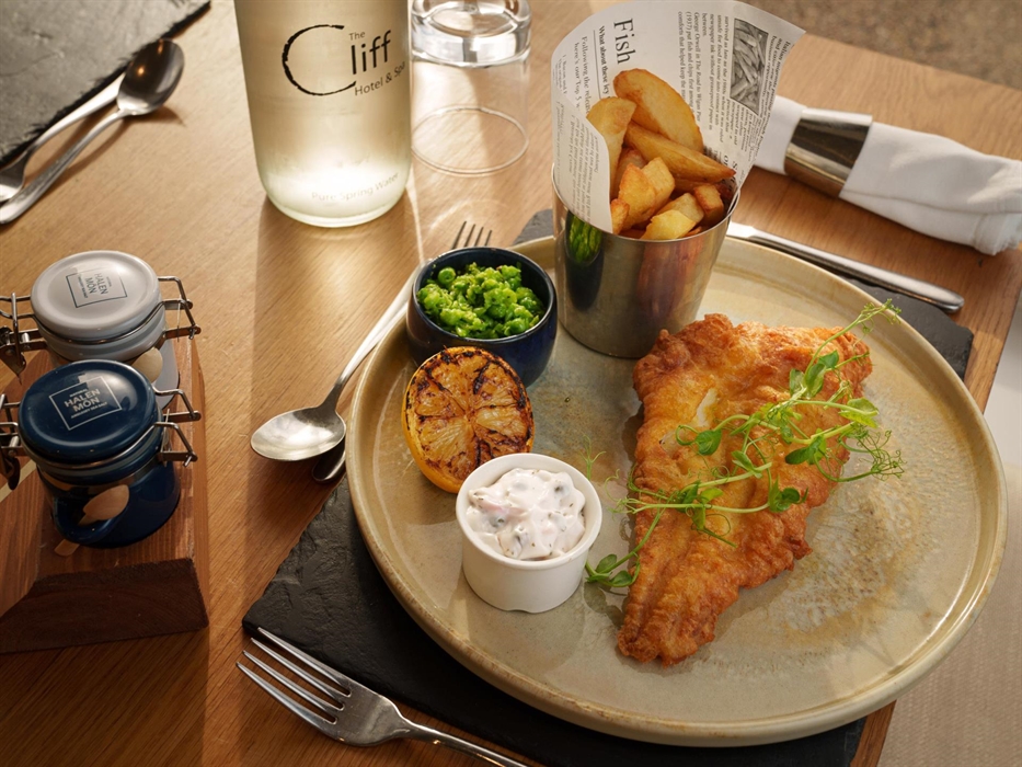 Fish & Chips in the Carreg Restaurant at The Cliff Hotel & Spa