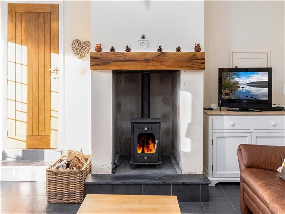 Log burner in The Barn's living area, all bookings have an initial supply of logs included.