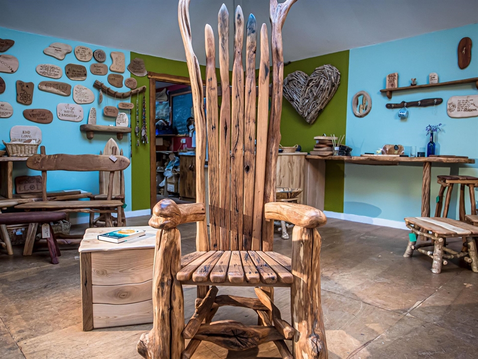 Taran Eco Designs at Corris Craft Centre design and make a unique collection of furniture using only fallen trees, old fence posts and discarded wood.
