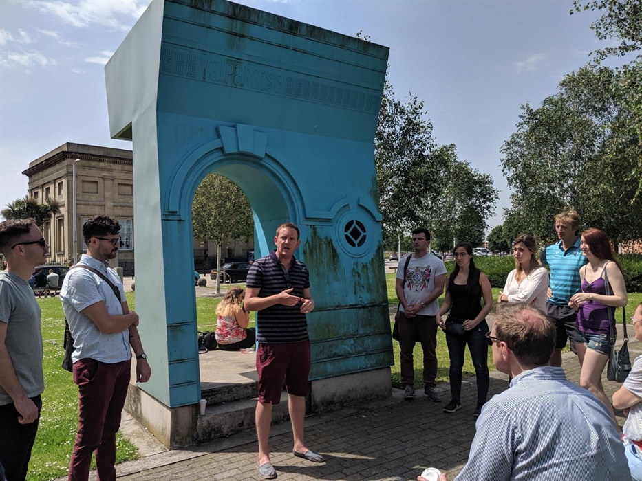 Swansea walking tour at the Valparaiso copper sculpture in Swansea city centre