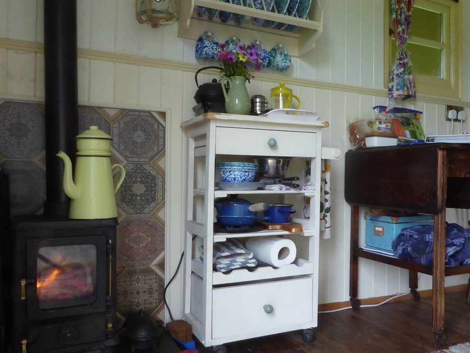 The wood burning stove in the Hygge Hut