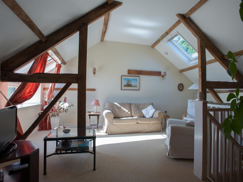 Sitting room at Granary Cottage, TV with freeview, DVD player, books, good lighting.
