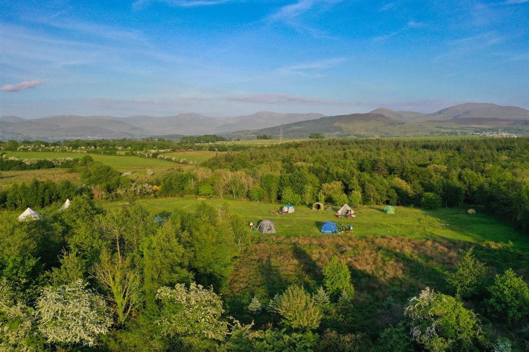 Birdseye view of the camping meadow, surrounded by trees and Eryri National Park in the distance