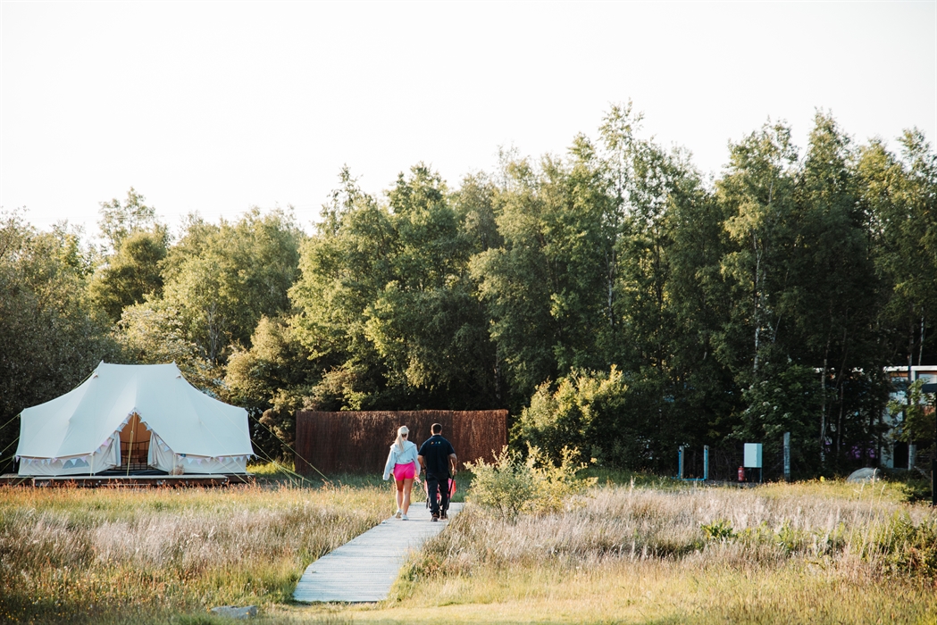Canvas tent and board walk over the marsh by the entrance to the camping meadow
