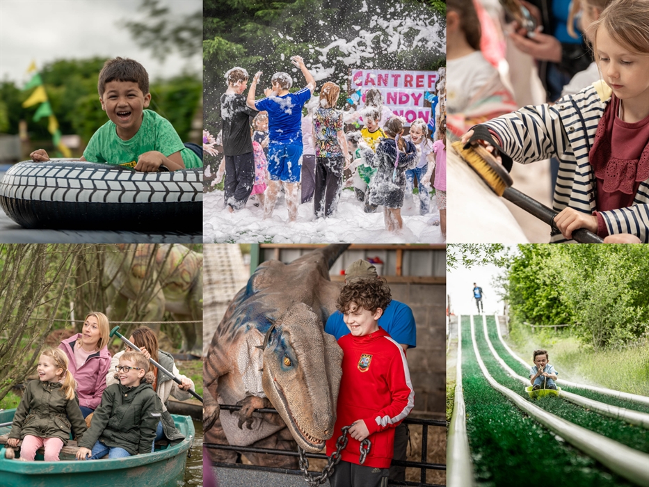 Collage showcasing the Summer Festival at Cantref Adventure Farm in the Brecon Beacons, featuring children enjoying a giant slip and slide, a foam par