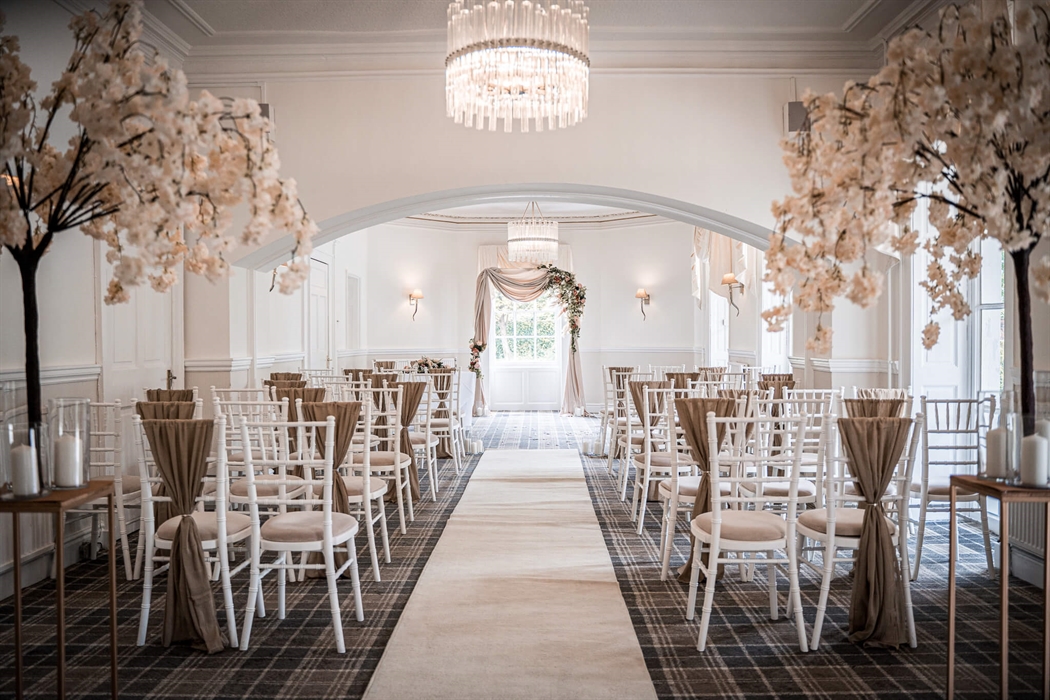 Wedding ceremony setup at Rossett Hall Hotel.