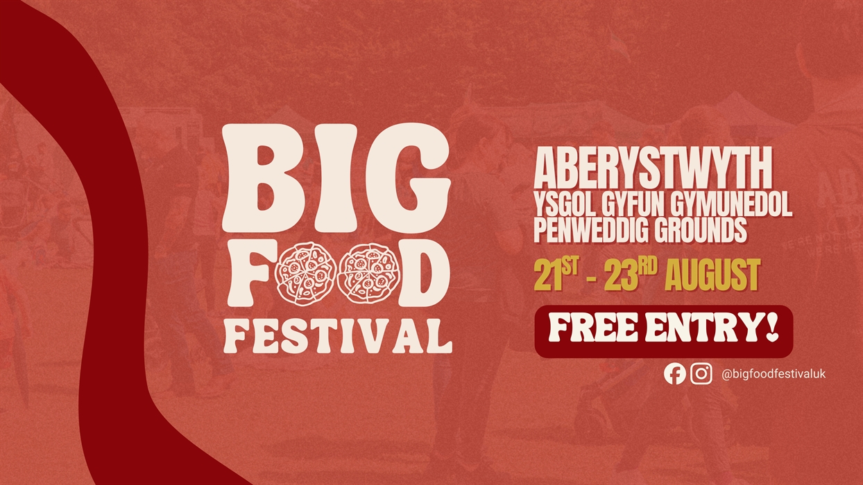 Promotional graphic for Big Food Festival Aberystwyth on a red background with a darker red wave design down the left side. The Big Food Festival logo