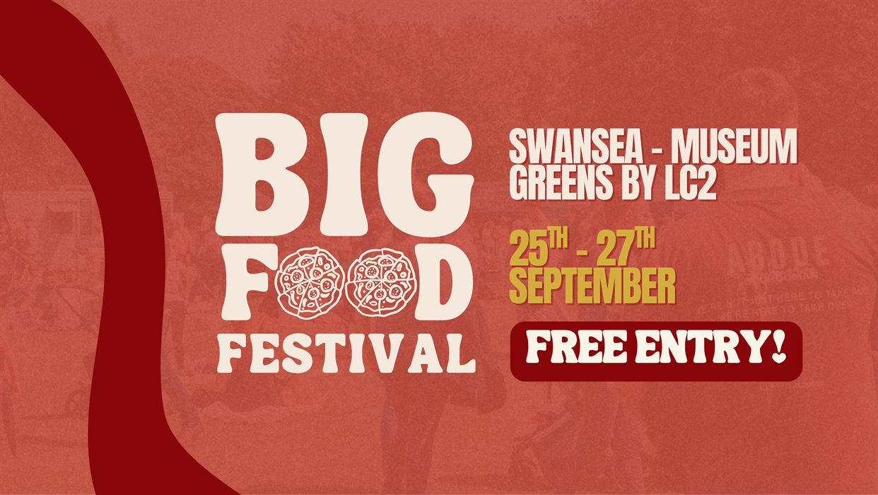 Big Food Festival promotional graphic on a red background with a faded photo of festival crowds behind. Large cream lettering reads Big Food Festival,