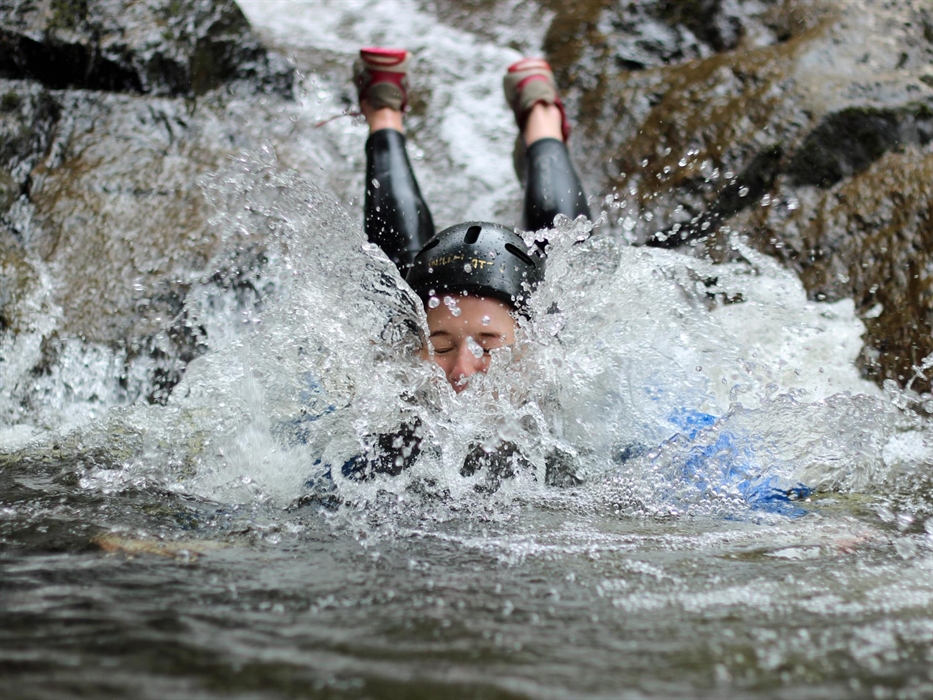 Gorge scrambling in Wales, wild river fun adventurous water activity.