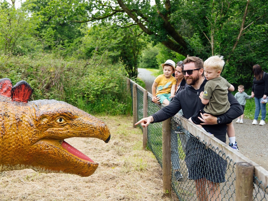 A Father and son and mother and son looking at the Stegosaurus display.