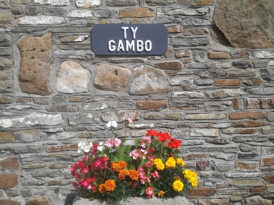 A close-up view of the Ty Gambo cottage name plaque mounted on traditional Welsh stonework, with a colourful flower planter below.
