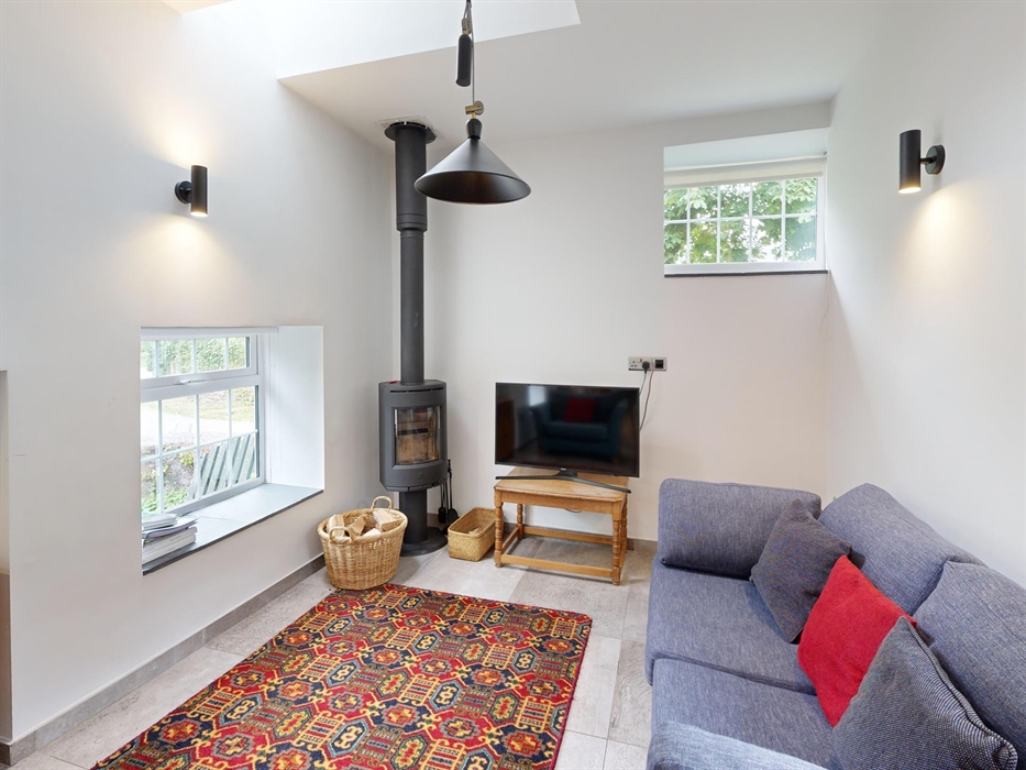 A warm living room with a wood-burning stove, flat-screen TV, and patterned rug beside a modern sofa.