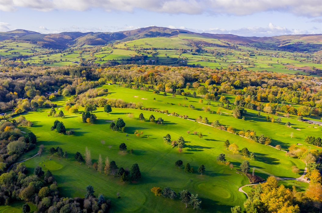 Ariel view of the golf course with Moel Fammau in the background