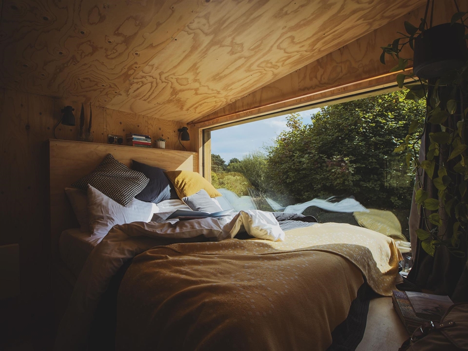 Cabin interior.  Plywood walls, an artfully unmade bed with a large window to a woodland view.